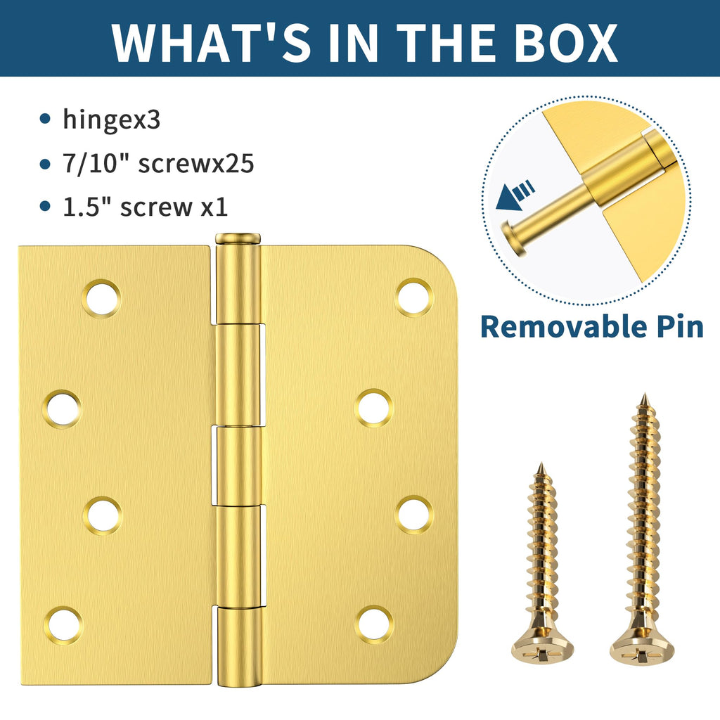 3 Pack Brushed Gold Door Hinges 4 Inch, Exterior Door Hinges