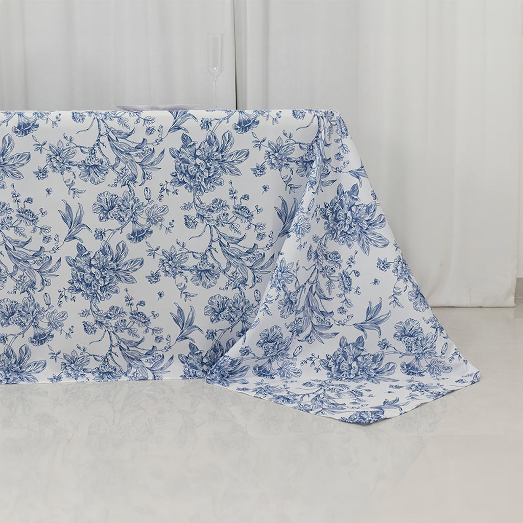 90"x132" White with Blue French Toile Pattern Wholesale Linens Polyester Tablecloths Banquet Linen Wedding Party