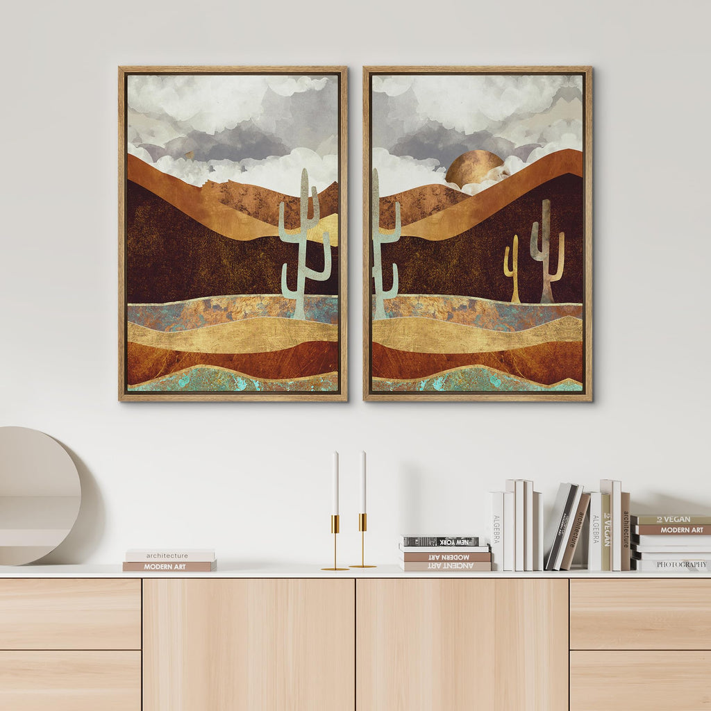 Framed Canvas Print Wall Art Set Geometric Granite Desert Cactus Landscape Nature Wilderness Illustrations Modern Art