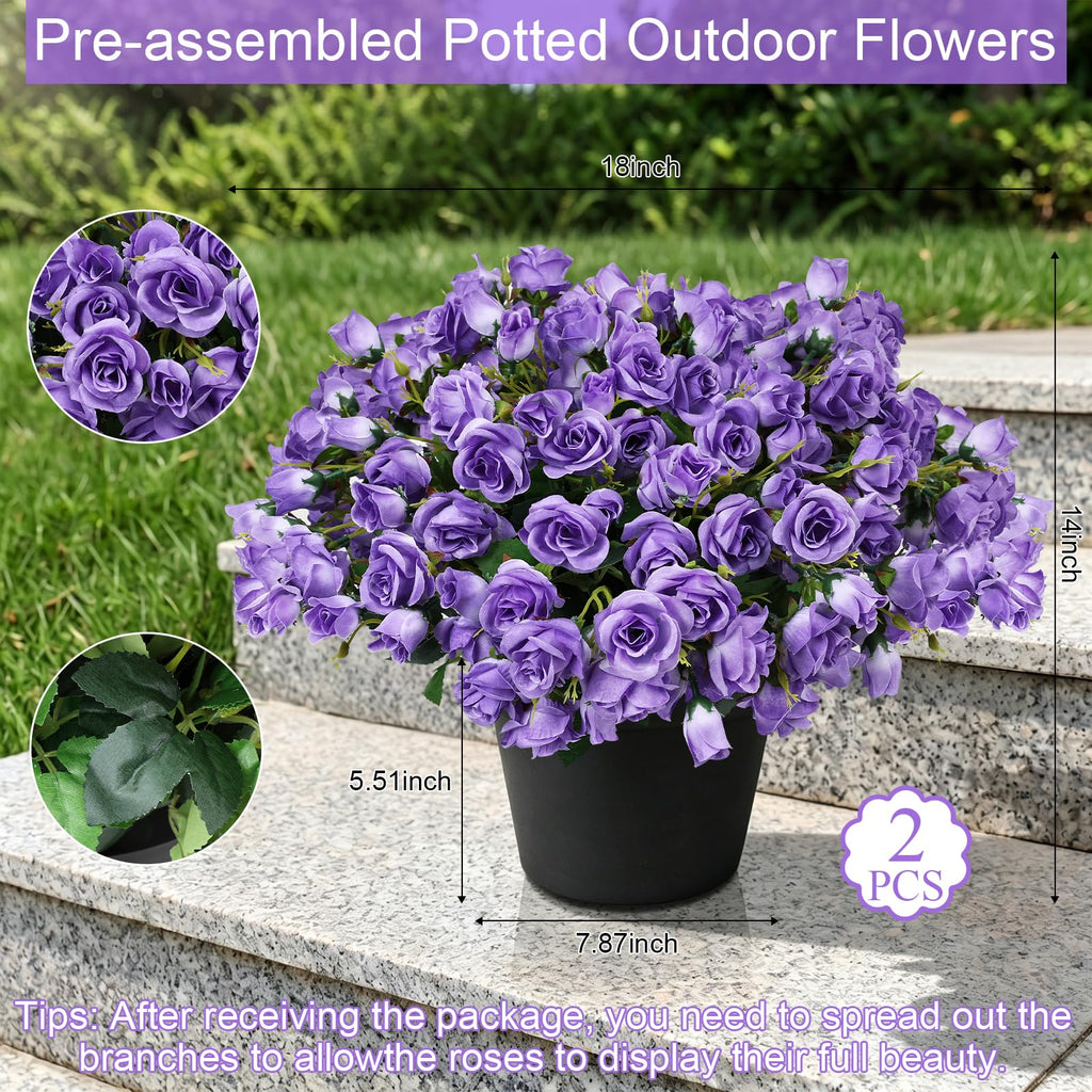 2 Pack Faux Roses Outdoor Potted, Pre-Potted, Purple