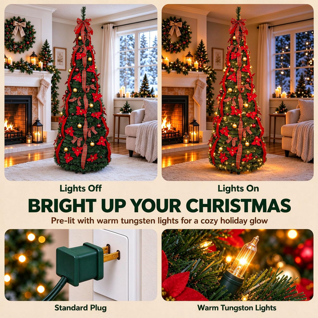 7FT Pop Up with Lights, Prelit Collapsible with 200 Warm Lights, Decorated Popup Xmas Trees for Holiday, Party