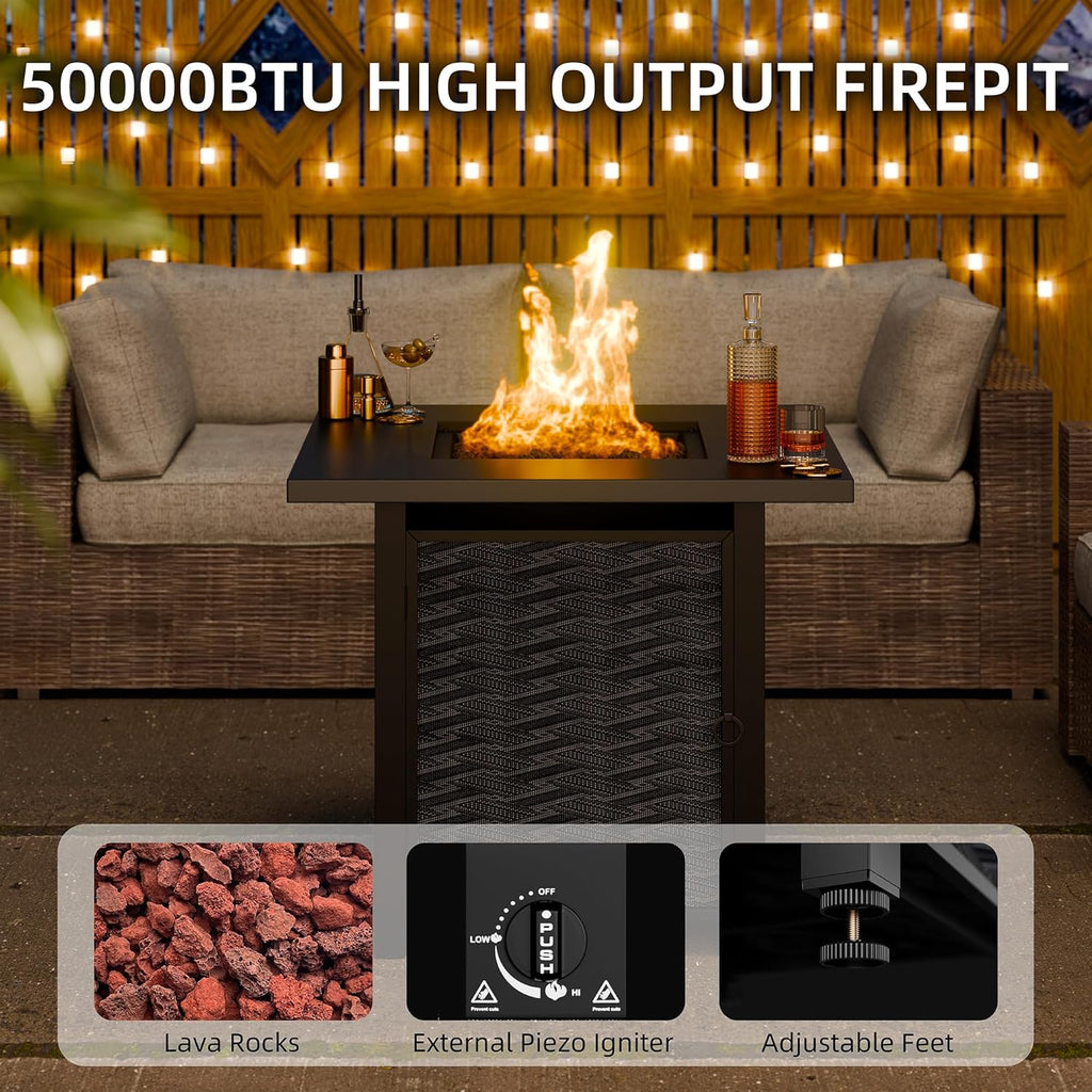 Propane Fire Table, 28 in Outdoor Fire Pit Table with Lava Rocks, 50,000 BTU Square Fire Table with Lid and Rain Cover