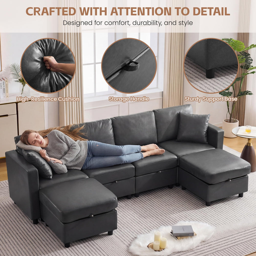 Modular Sectional Couch, 107" Faux Leather Storage 4 Seat Sofa, Grey