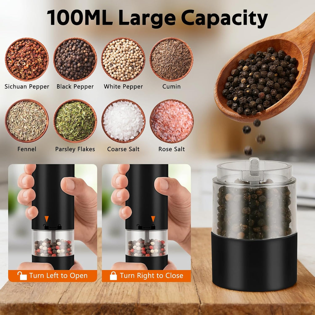 Rechargeable Electric Salt and Pepper Grinder Set, Automatic Pepper Mill with Adjustable Coarseness & One-Hand - Set of 2