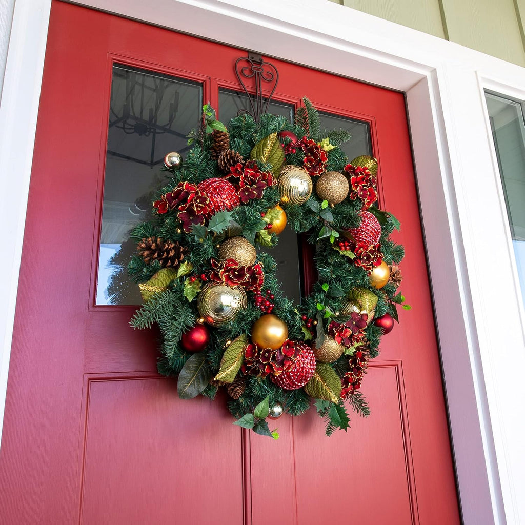 30 Inch Pre-Lit Artificial Christmas Wreath, Scarlet Hydrangea