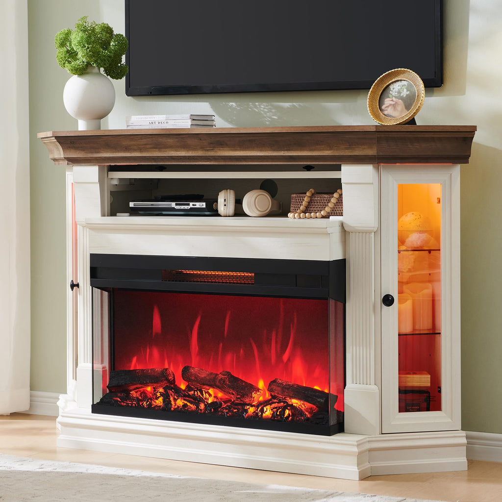 56" Farmhouse Corner TV Stand with 3-Sided Fireplace, Antique White