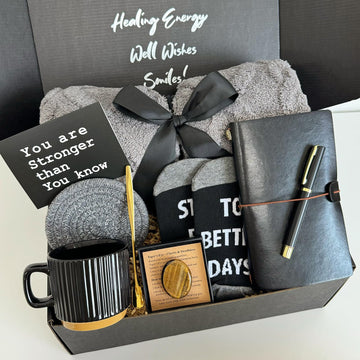 Care Package for Men - Get Well Soon Gifts for Men with Plush Blanket, Ceramic Mug Set, Socks, PU Notebook, Pen