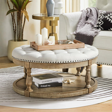 Round Ottoman Coffee Table, 2-Tier Large Button Tufted Ottoman Footrest, with Wood Shelf Storage Farmhouse