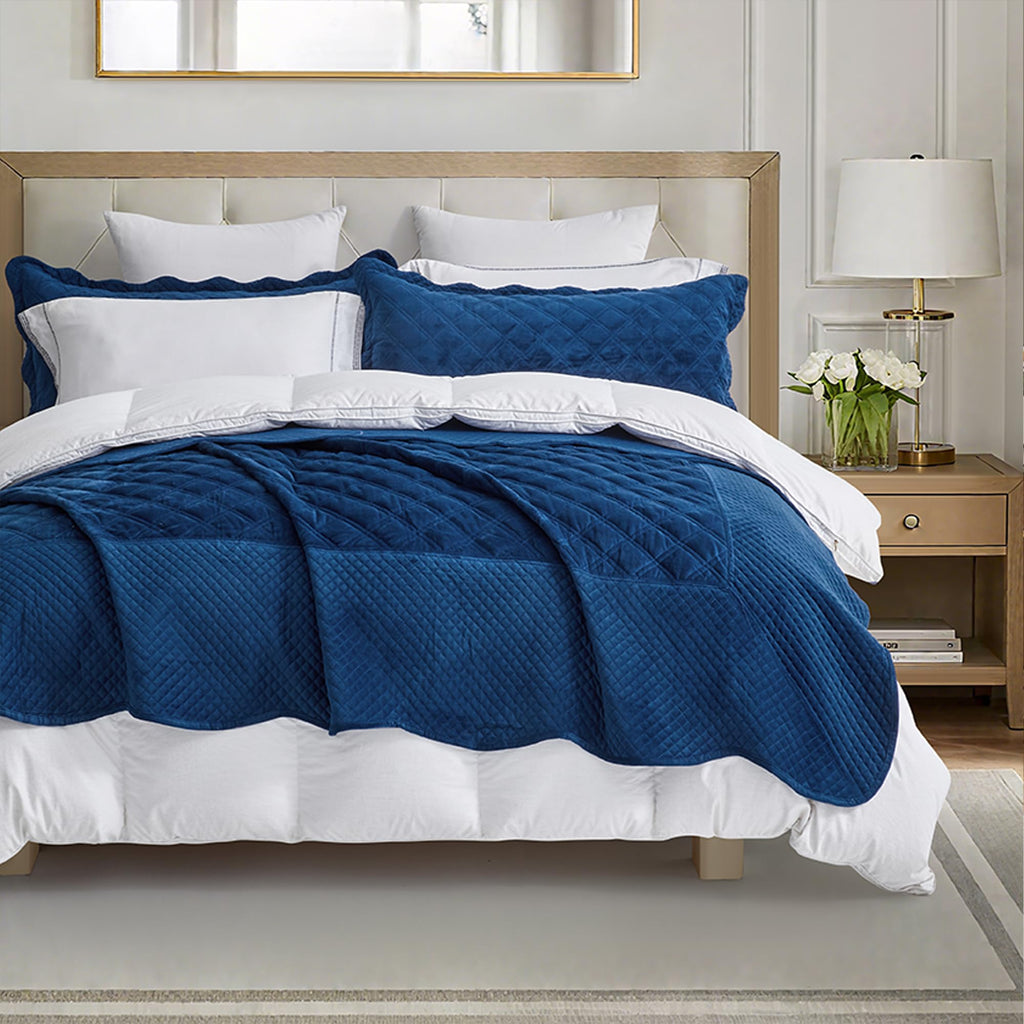 Oversized King Bedspreads 128x120, Velvet Quilt, Navy