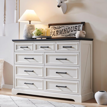 9 Drawers Dresser, Farmhouse 52'' Wide Dressers & Chests of Drawers w/Roman Column, Large Storage Dressers Organizer