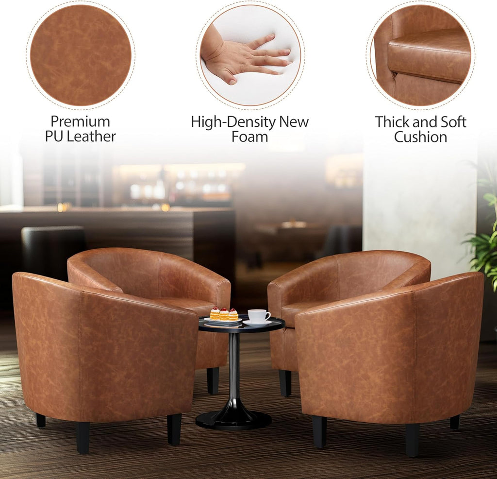 Accent Chairs, Faux Leather Barrel Armchairs Brown - Set of 2
