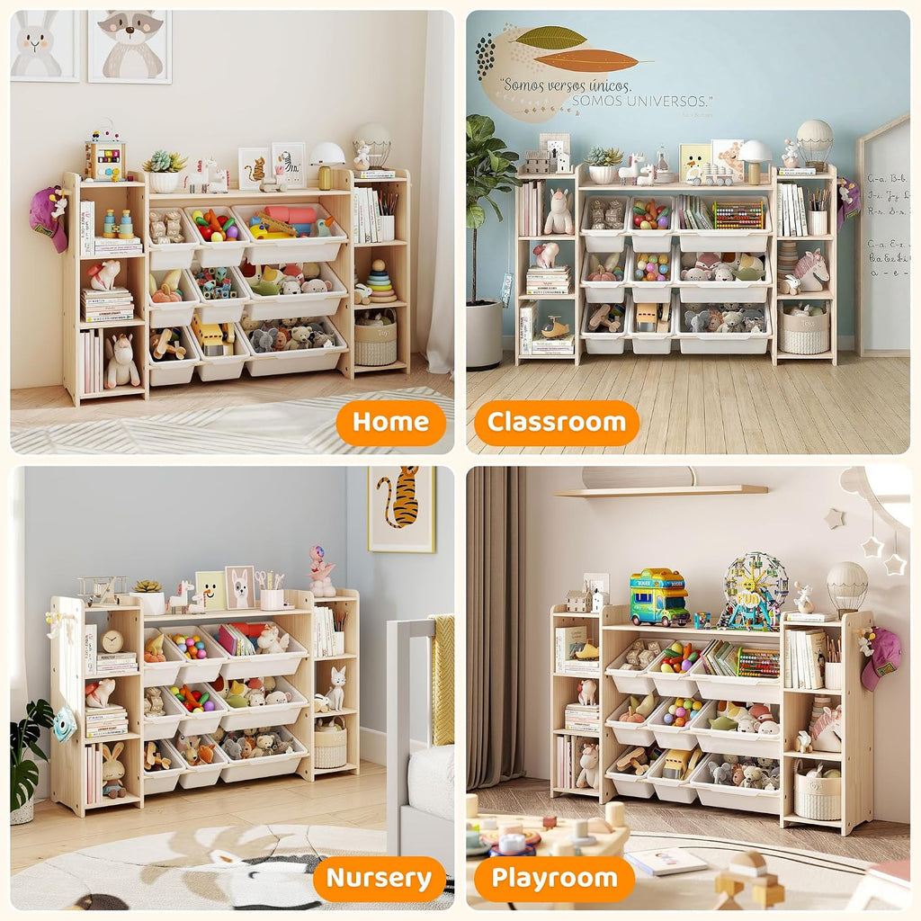 Toy Storage Organizer, Kids Bookshelf with 6 Shelves, 9 Toy Bins & 6 Hooks | Toy Shelf, Storage Bin Unit, Toy