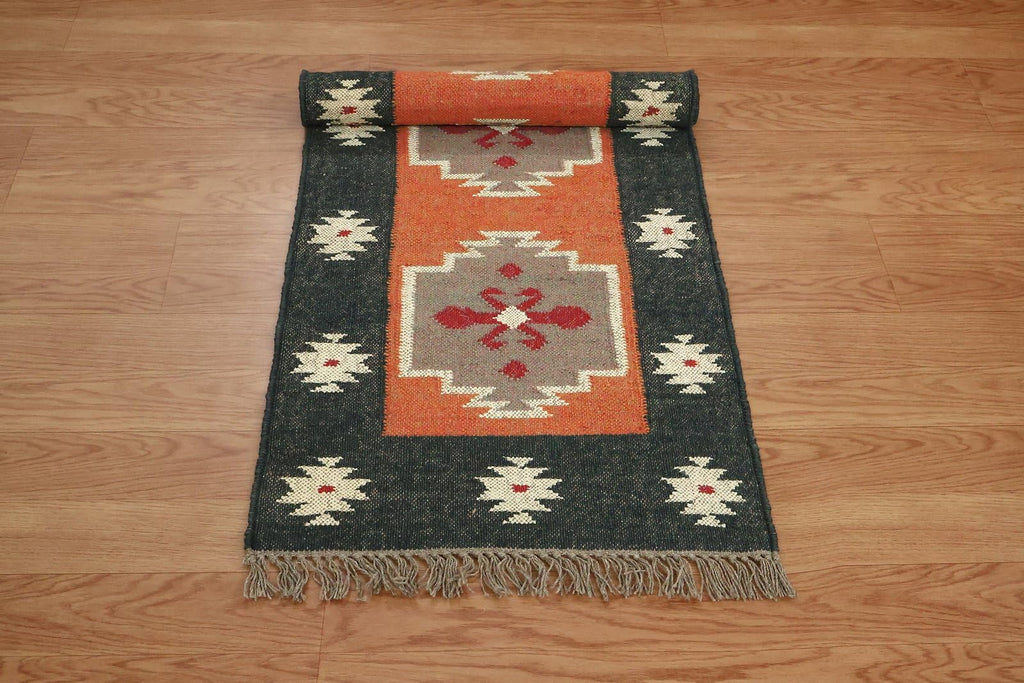 Kilim Runner 2x6 Reversible Southwestern Wool Jute Runner Geometric Design Brown Black Flatweave Carpet Thick 0.19"
