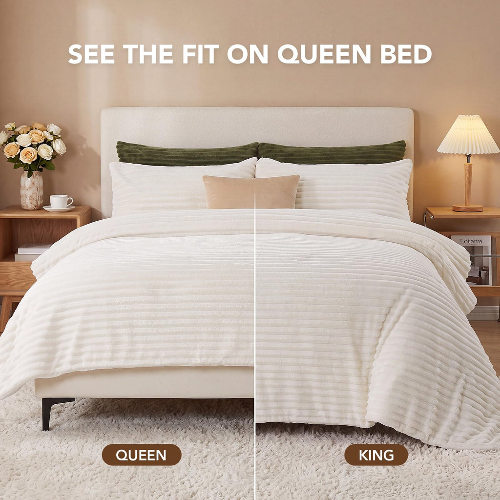 Fluffy Comforter Set 3 Pieces - Fleece Fluffy Soft & Warm Plush Cream White Comforter Sets, Luxury