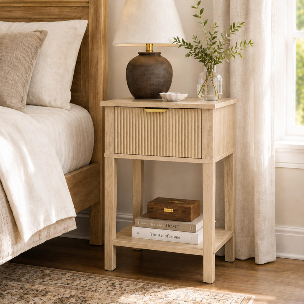 Natural Oak 15.4" Wide Small Nightstand with Drawer, Open Shelf, Fluted