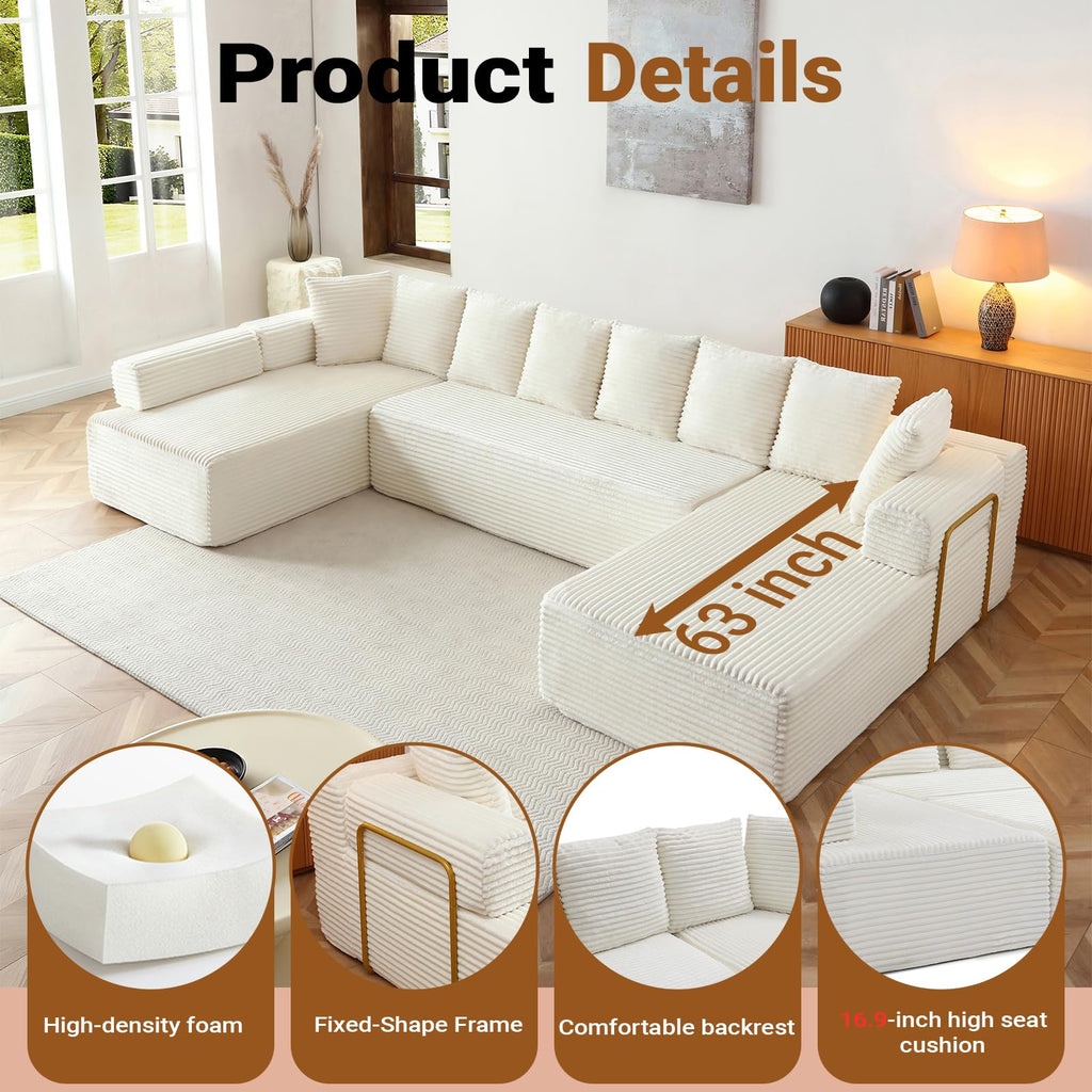 145" Oversized Cloud Boneless Sofa Couch with Double Chaise, Modern Corduroy U Shaped Modular Sectional Sofa with