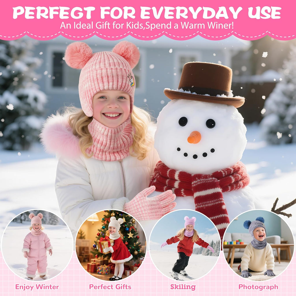 3Pcs Kids Winter Hat Scarf Gloves Set, Children Knit Warm Ear Cap with Gloves Neck Warmer for Boys Girls