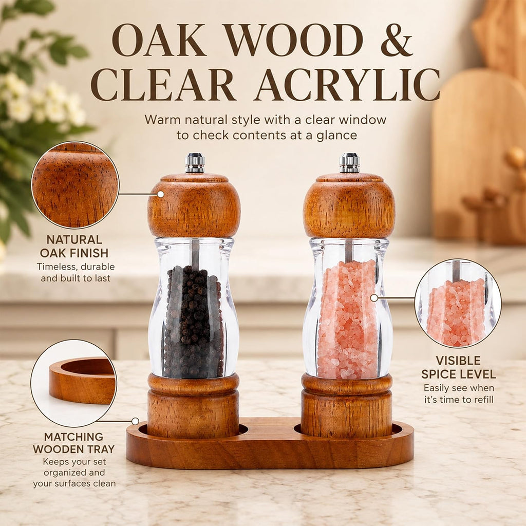 Manual Salt and Pepper Grinder Set, Oak Acrylic Mills with Tray - Set of 2