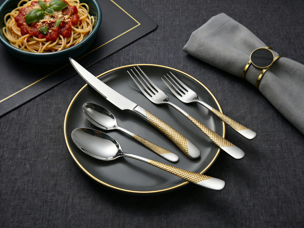 20-Piece Modern Silver Gold Hammered Silverware Set with Ultra Sharp Serrated Knives, 18/10 Stainless Steel