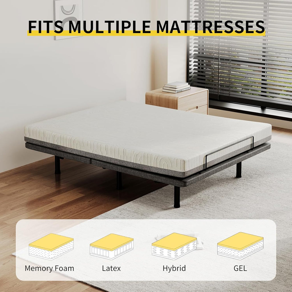 Full Massage Adjustable Bed Frame with 6 Vibration Modes & Timer, Independent Head/Foot Incline, 2 USB, Wireless