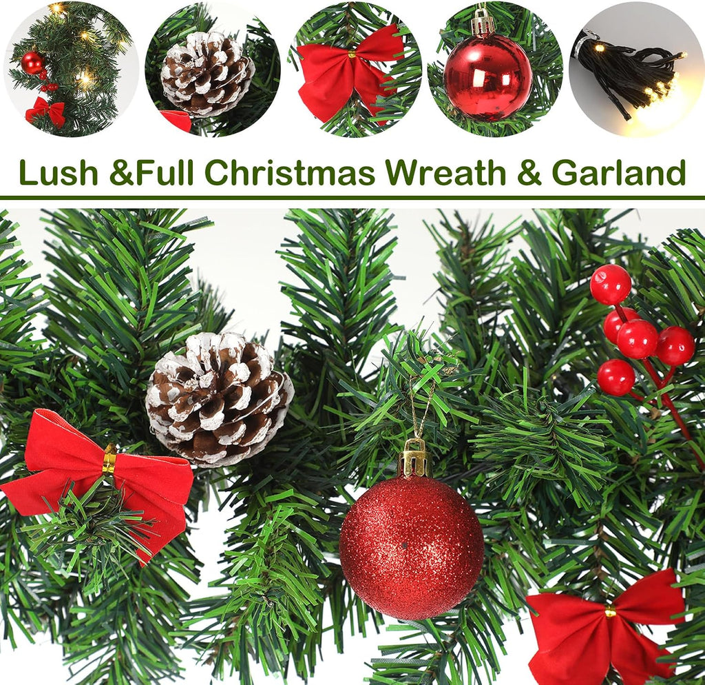 15ft Prelit Christmas Garland with 100 LED Light,Berry Bow Garland