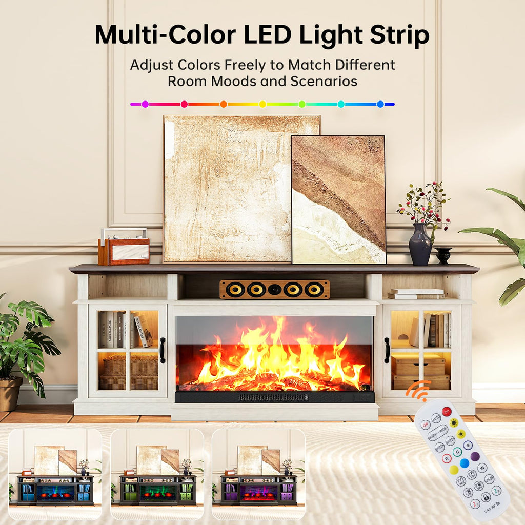 80" Farmhouse Fireplace TV Stand, 3‐Sided Glass Fireplace, White