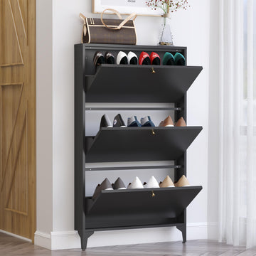 Shoe Storage Cabinet with 3 Flip Drawers, Freestanding Shoe Organizer with Legs, Farmhouse Narrow Shoe Storage Cabinet