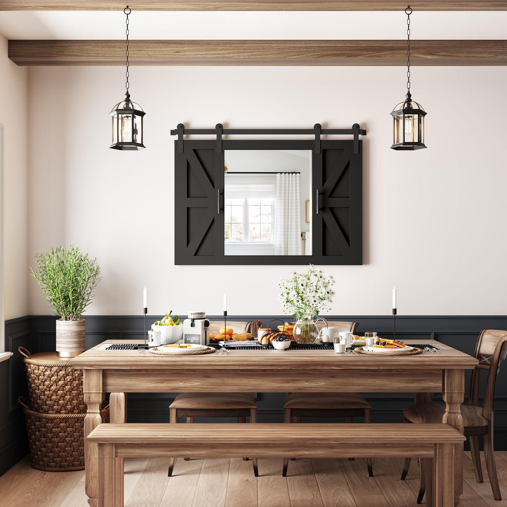 Farmhouse Barn Door Mirror - 37" x 26" Wall Mirror Rustic Black