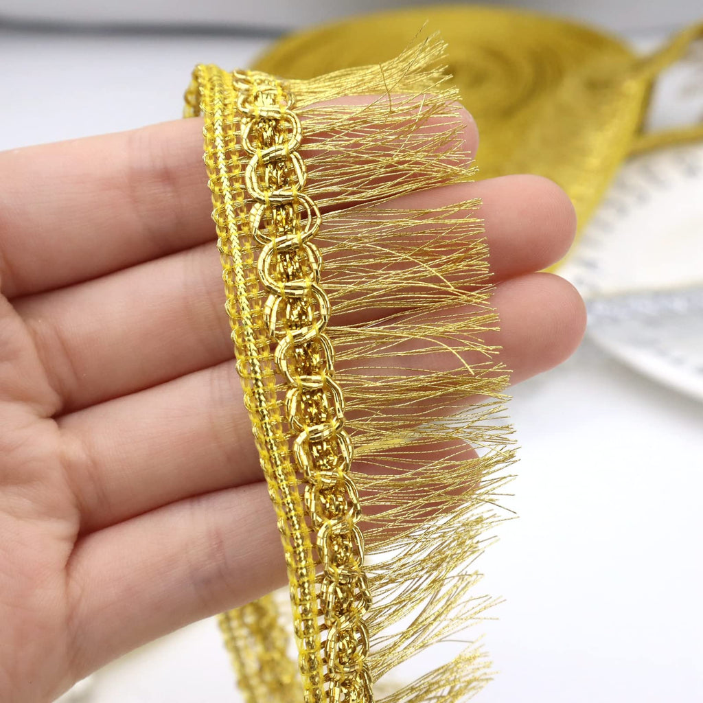Gold Fringe Tassel Lace Trim 12 Yards Gold Fringe Fibre Ribbon Trim for Sewing Lampshade Curtain Decoration