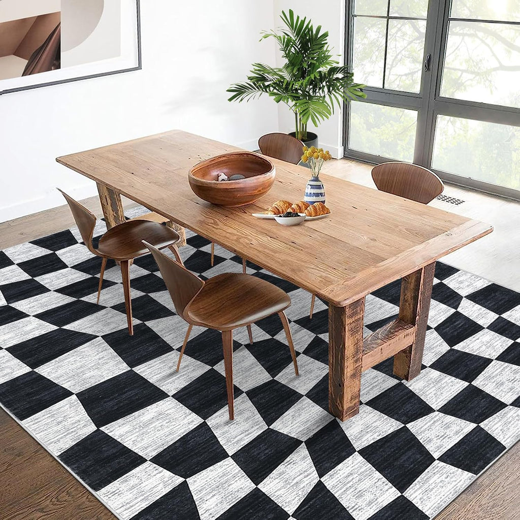 Washable Area Rugs 9x12 Rug Checkered Modern Bedroom Rug Geometric Black Rug Large Area Rug Non Slip Throw Rugs Low