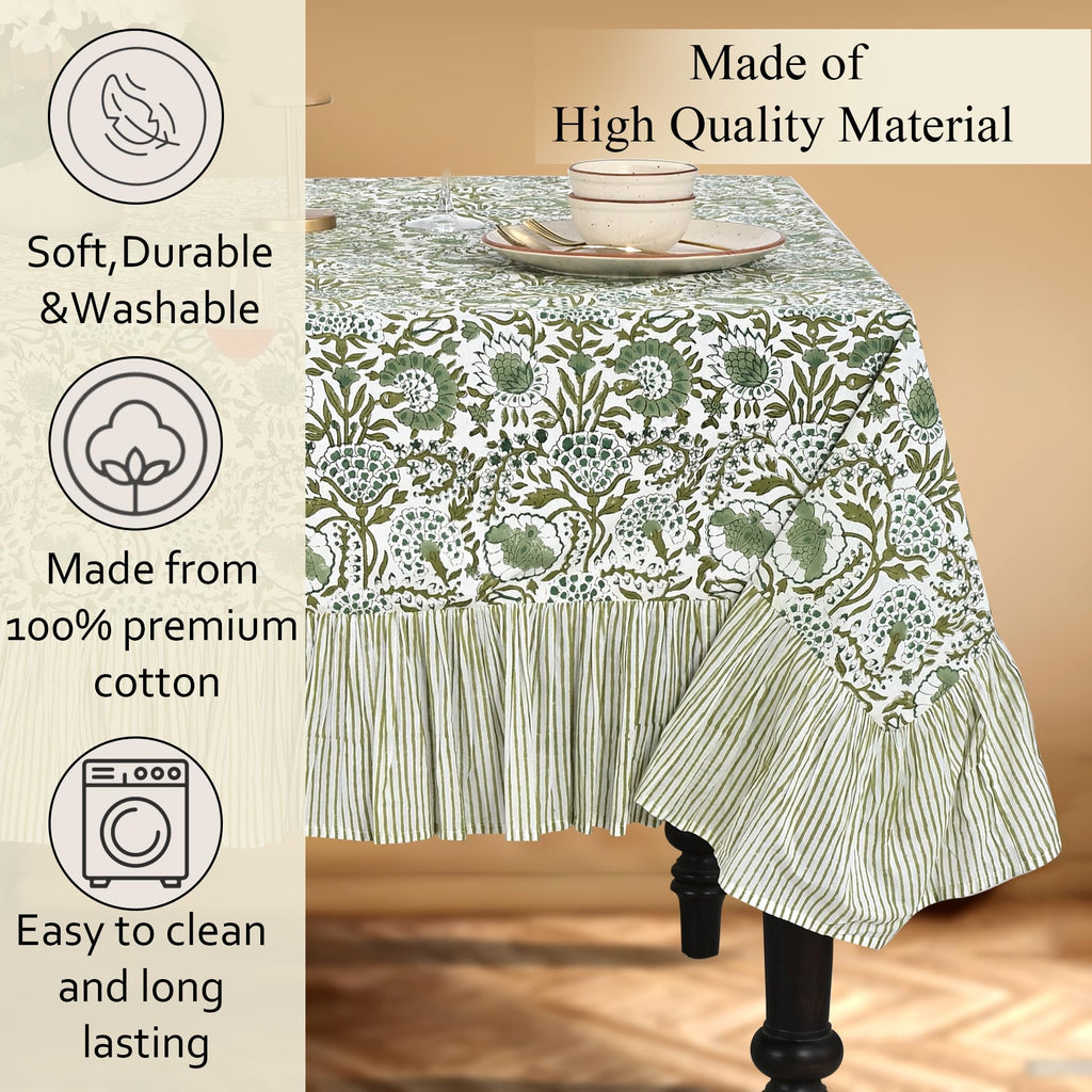 CPC Agate Green Hand Block Print Ruffle Square Tablecloth 60x60 Inch