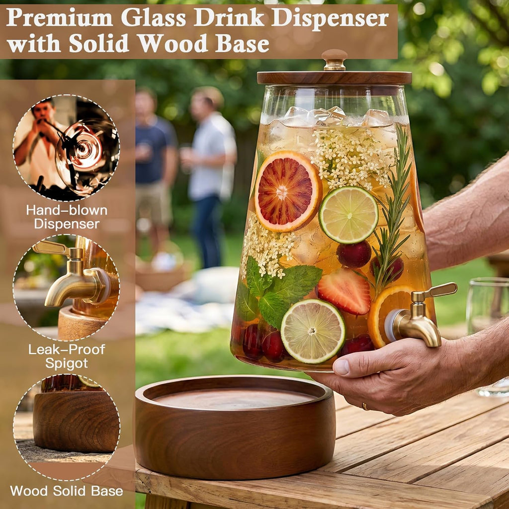 1.7 Gallon (6.4L) Glass Drink Dispenser with Spigot & Wooden Base - Large Rustic Beverage Dispenser for Parties, Iced