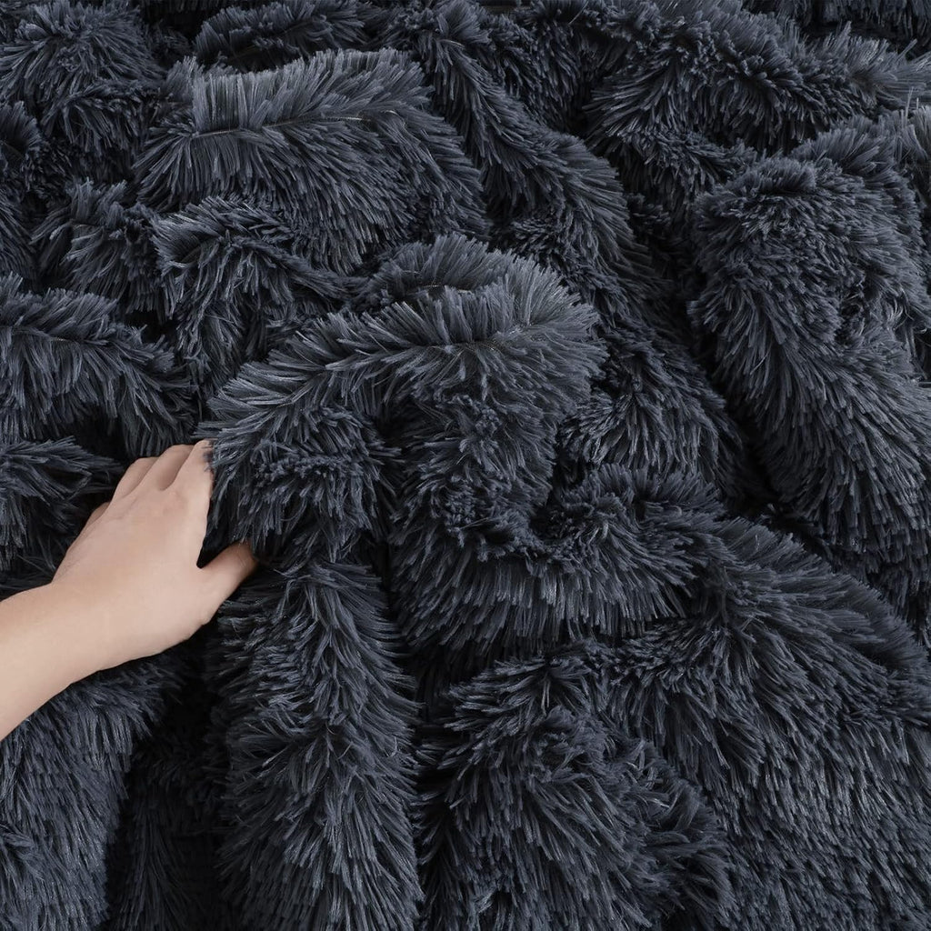 Oversized King Faux Fur Fluffy Comforter Set 120x120, 3 Piece Shaggy Plush Velvet Bedding Thick Comforter with Shams