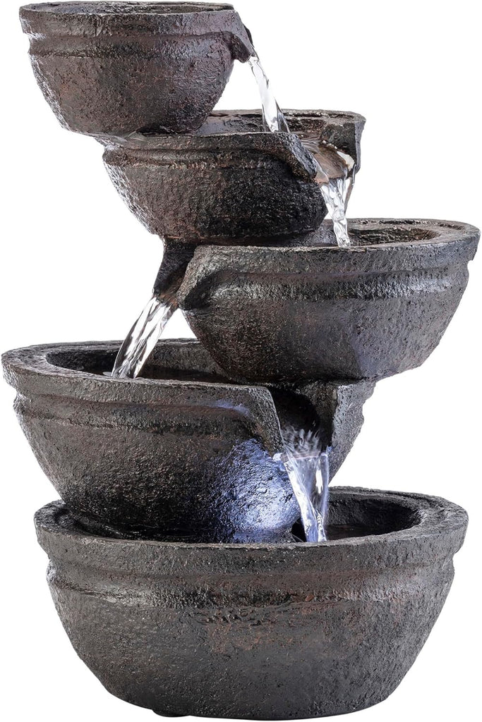 13" Indoor Tabletop Tiering Bowls Water Fountain with LED Lights - Cascading Water Feature, Meditation, Relaxation