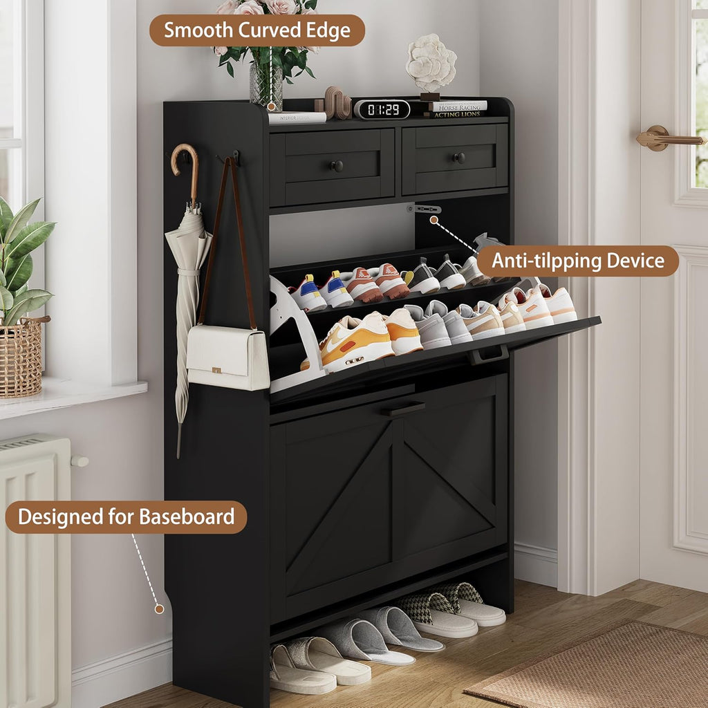 Shoe Cabinet with 2 Flip Drawers & 2 Top Drawers, 43" Tall Freestanding Narrow Wooden Shoe Storage Organizer , Hidden