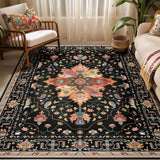 Area Rugs Washable Non-Slip, Floral Vintage Distress Print Pattern Medallion Carpet for Living Room Bedroom