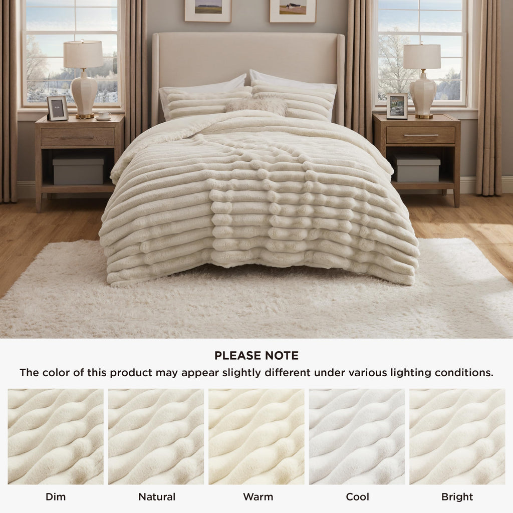 Faux Fur Queen Comforter Set, Striped Fluffy Bedding Sets Beige