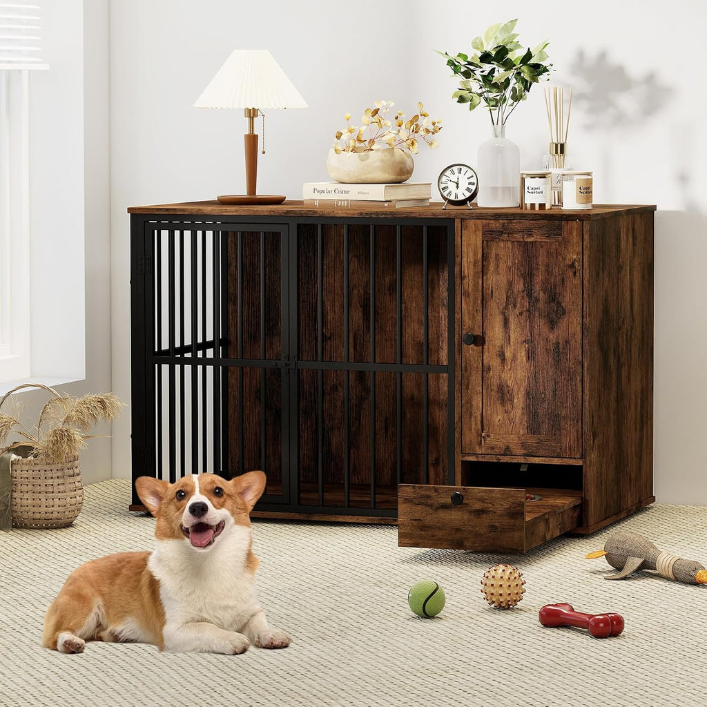 47.5" Heavy Duty Dog Crate Furniture with Bowl & Storage Cabinet