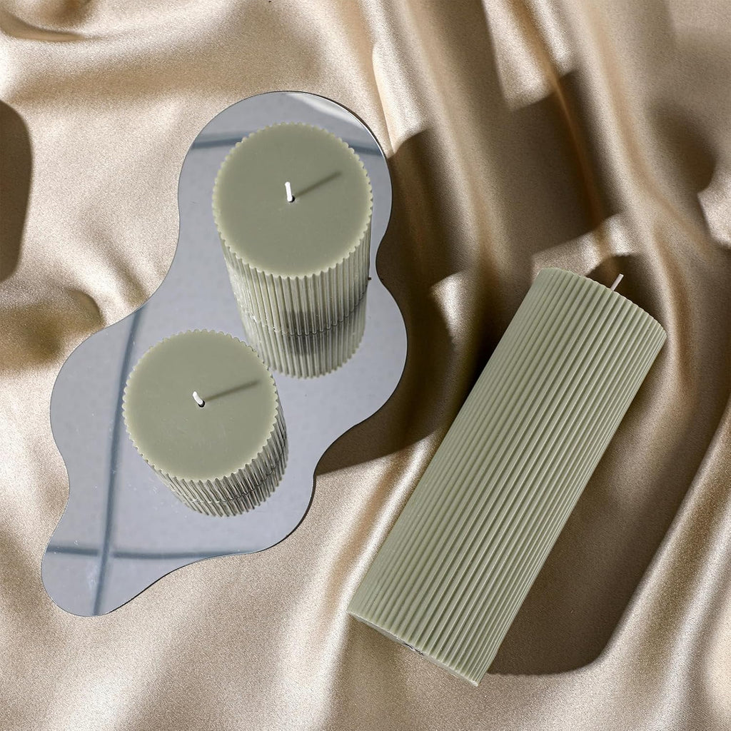Ribbed Pillar Candles, Width 3" High 4" 6" 8", Bean Green - Set of 3