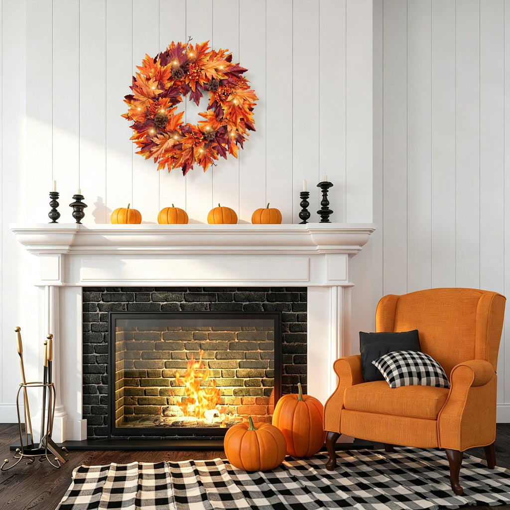 24in Fall Wreath for Front Door with 20 Lights & Timer