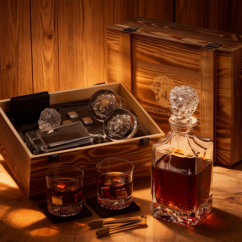 Lion Head 14-Piece Crystal Whiskey Decanter Set - 750ml Lead-Free Hand-Blown, 2 Glasses, 6 Stainless Stones, Coasters - Set of 14