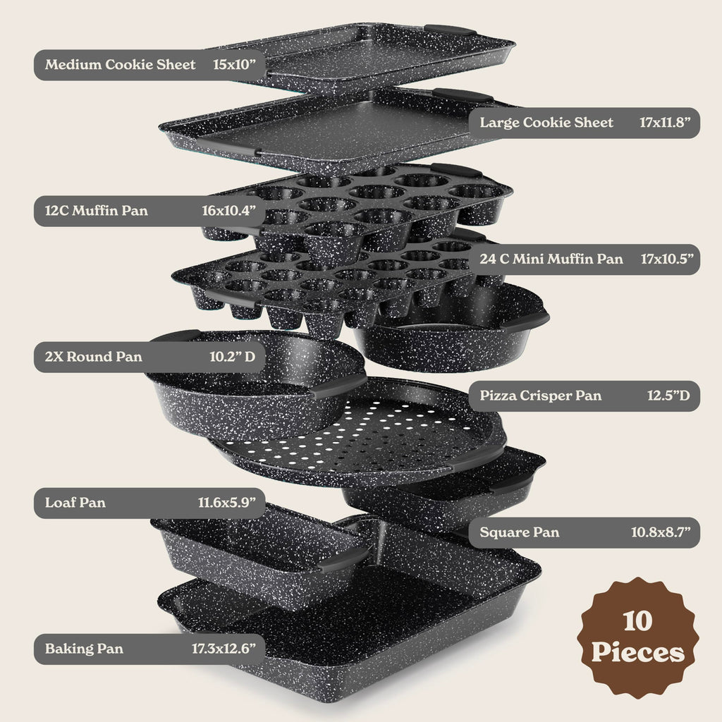 Nonstick Stackable Bakeware Set - Durable, Easy Release Baking Set, Black, 10 Pcs
