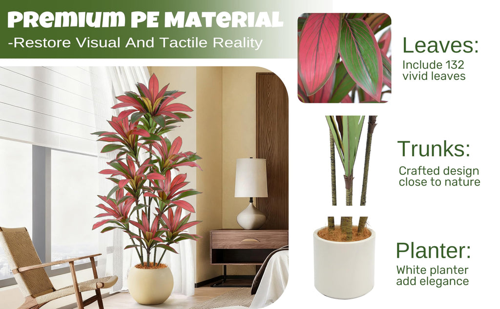 Artificial Red Dracaena Tree 6FT with 132 Leaves & White Planter