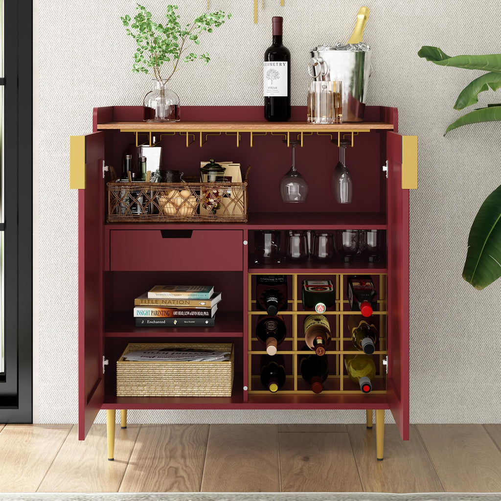 Coffee Bar Cabinet with Wine Rack&Glass Holder, Red