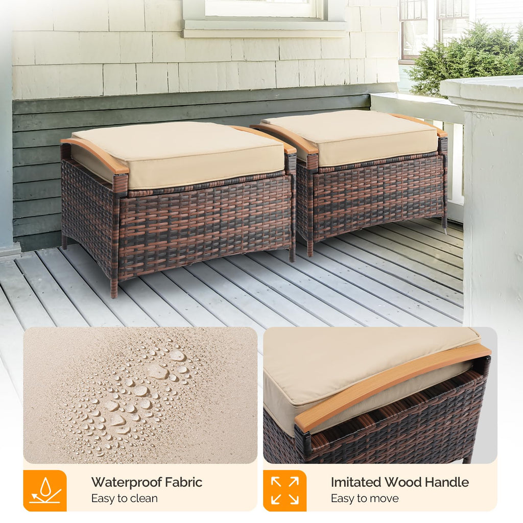 2 Pieces Rattan Ottoman with Storage, Wicker Patio Furniture w/Removable Cushion, Multipurpose Footrest Stool for