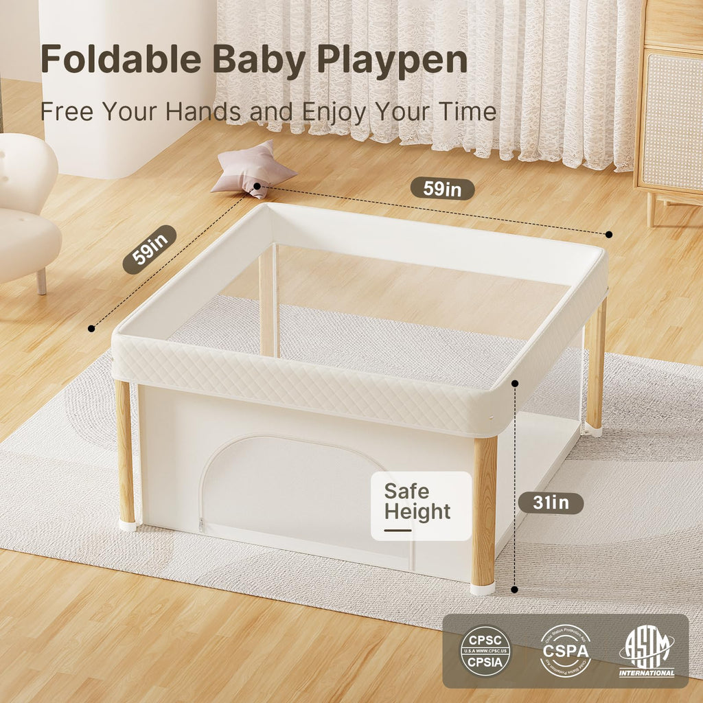 Foldable Baby Playpen, 59x59 Foldable Play Pen for Babies and Toddlers, Portable Playpen Indoor Outdoor, Kids Safety
