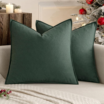 Euro Shams Christmas Linen Pillow Covers 24x24 Inch Dark Green