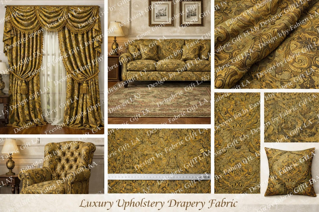 Luxury Chenille Upholstery Fabric by The Yard, Gold Olive Damask Pattern, Heavyweight Soft Durable Fabric for Sofa