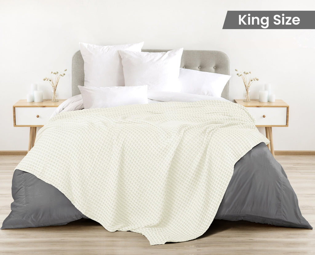 100% Cotton Waffle Blanket Ivory, 90x108 Inch
