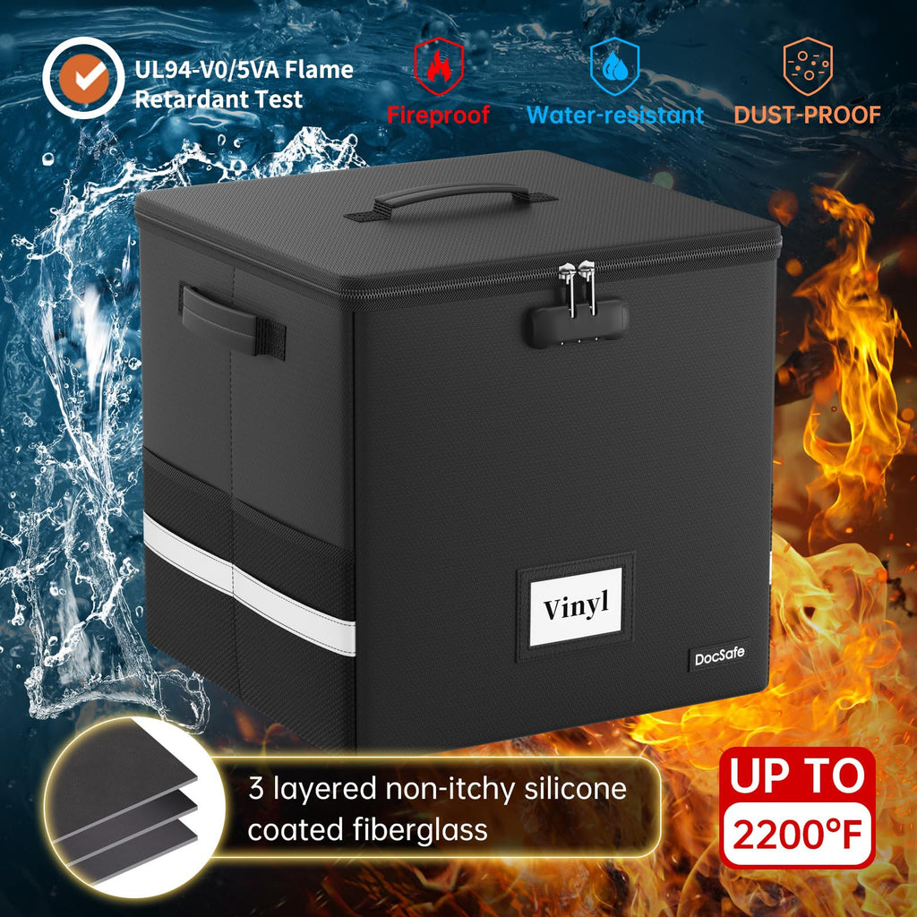 Vinyl Record Storage Box with Lock, Fireproof&Water Resistant Record Organizer Storage for 100+ Single